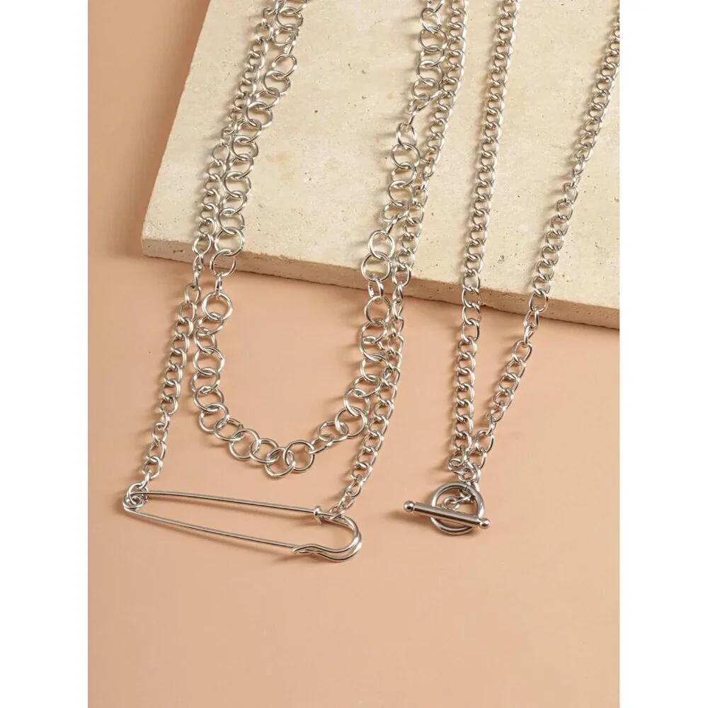 Silver-tone layered chunky chain choker necklace punk grunge style women
